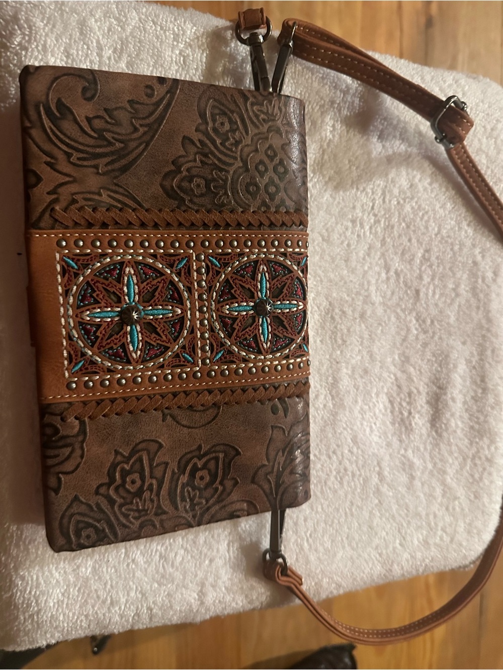 Women's Embossed Brown Crossbody Bag with Turquoise Accents
